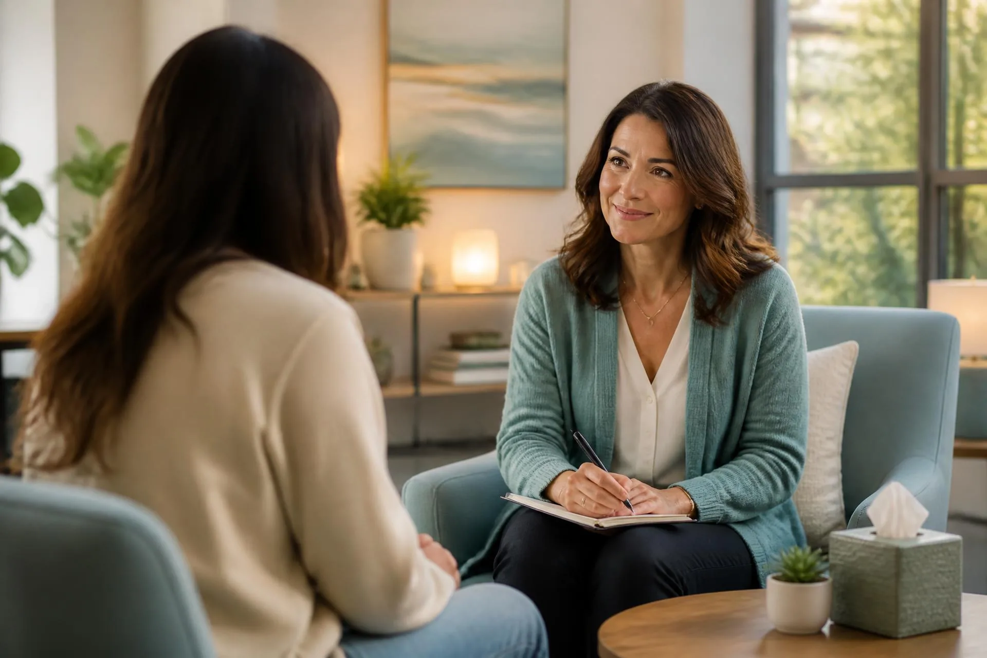 Clinician meeting compassionately with a client in a bright outpatient office