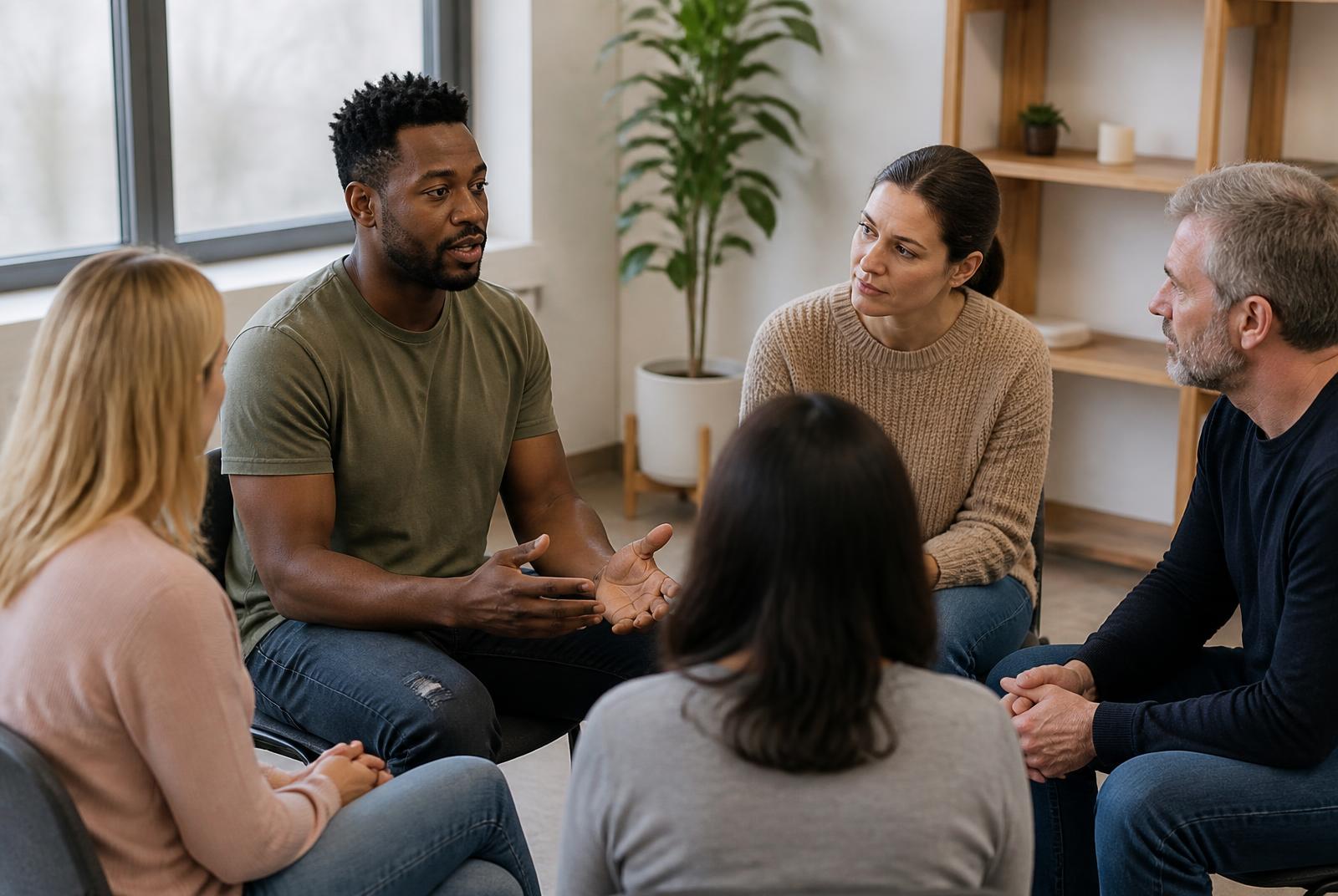 A small supportive group therapy circle in a bright counseling room