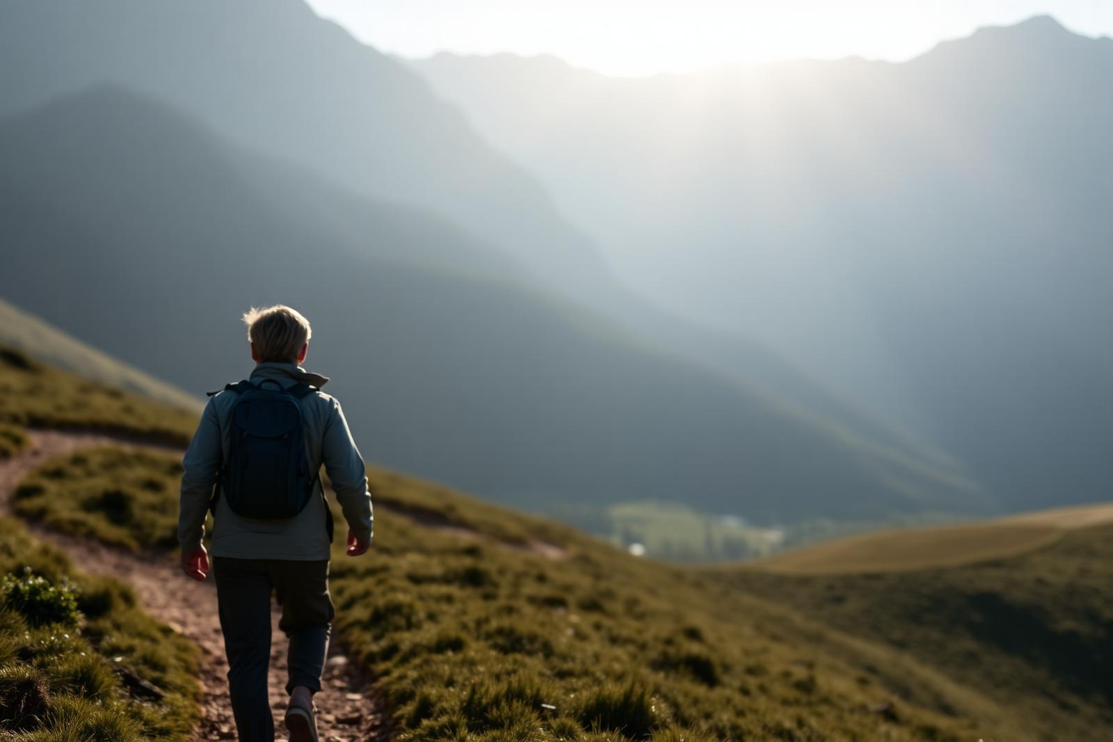 A person walking alone along a sunlit mountain trail