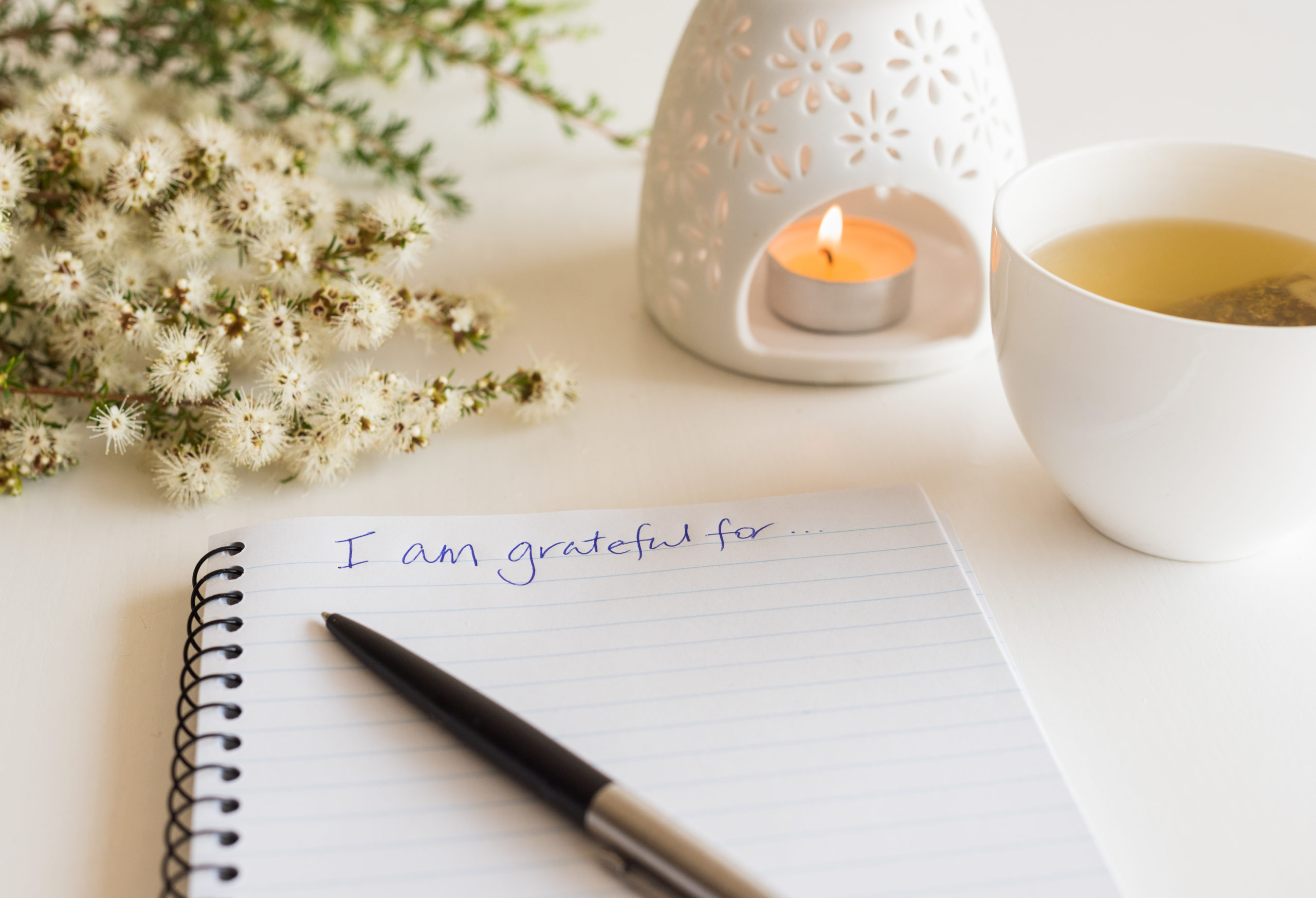 Close up of handwritten text "I am grateful for..." in foreground with notebook, pen, cup of tea, flowers and oil burner in soft focus (deliberate angle)