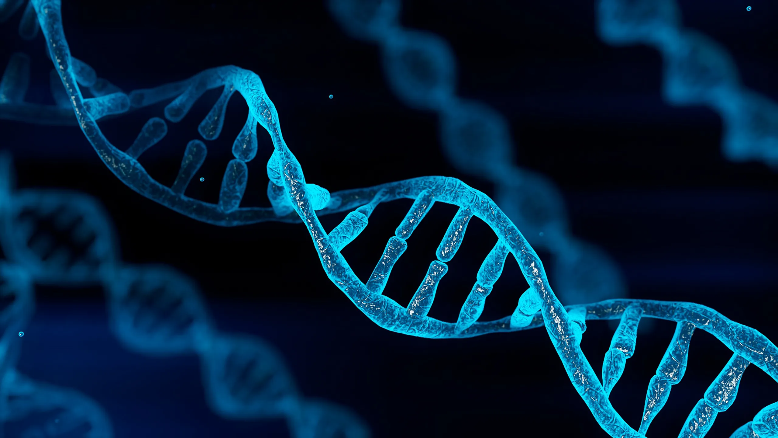 Blue chromosome DNA and gradually glowing flicker light matter chemical when camera moving closeup. Medical and Heredity genetic health concept. Technology science. 3D illustration rendering