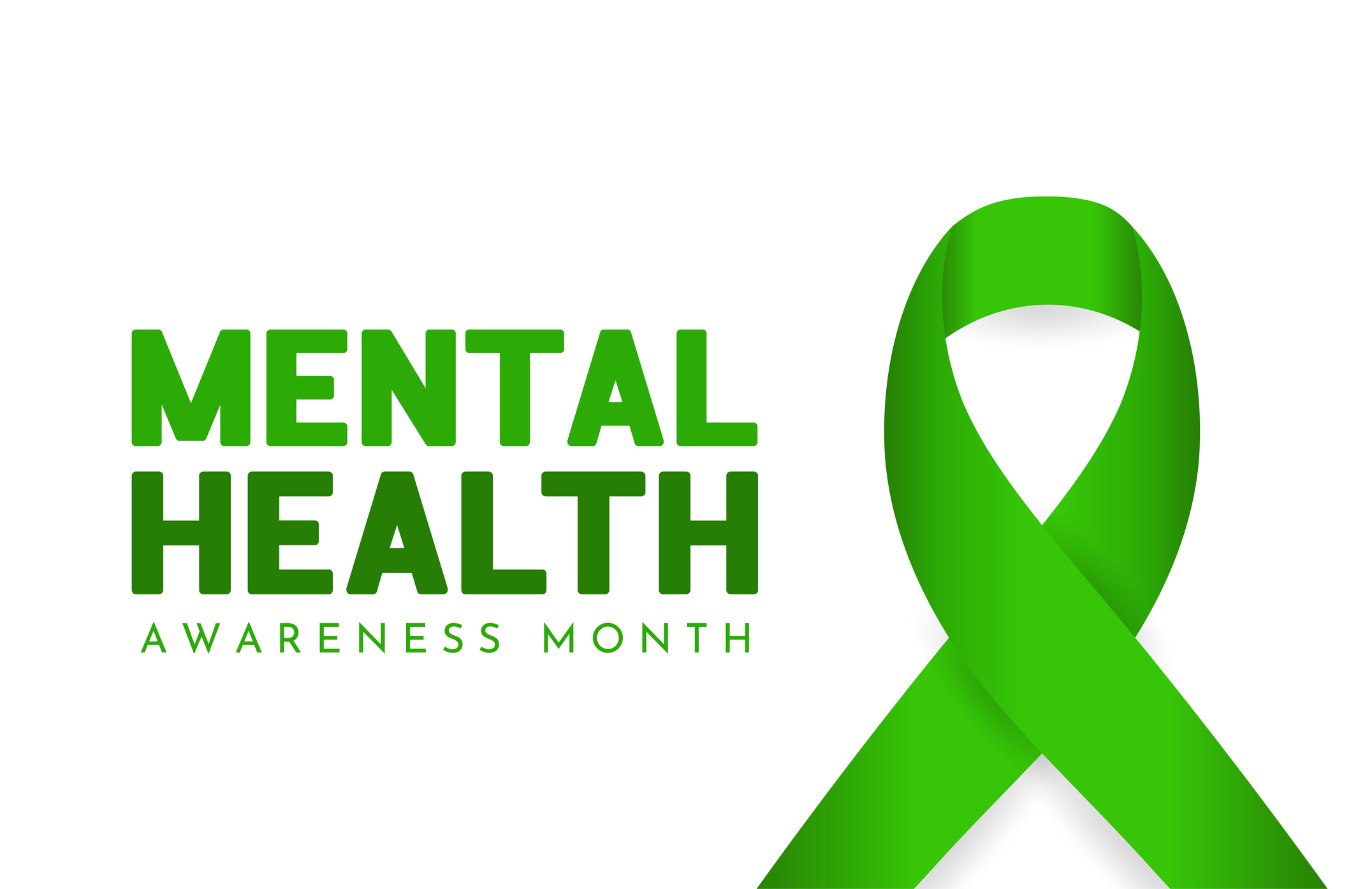 White background with green lettering that reads "Mental Health Awareness Month" with a green ribbon on the right side