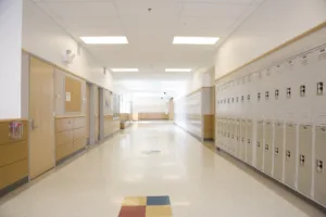Image of school hallway lined with lockers school clearance