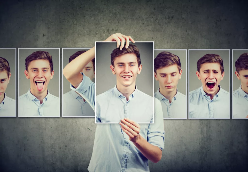 Masked man teenager expressing different emotions